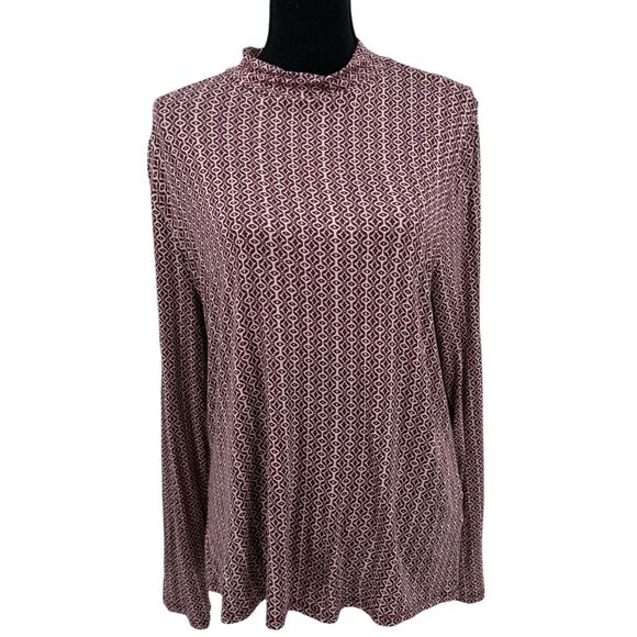 Boden Long Sleeve Burgundy Pink Geometric‎ Mock Neck Viscose Blouse Sz 16-18 - Picture 1 of 10